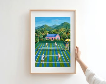 Tropical Doubles Tennis Court Poster — Vintage Preppy Wall Art