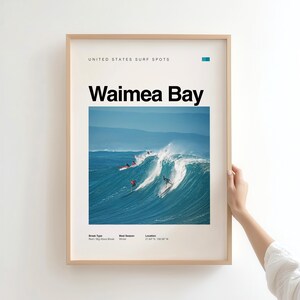May include: A framed poster featuring a photograph of surfers riding large waves at Waimea Bay. The poster has the text "Waimea Bay" in large, bold letters, with additional text at the top and bottom. The frame is a light wood color.