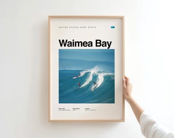 May include: A framed poster featuring a photograph of surfers riding large waves at Waimea Bay. The poster has the text "Waimea Bay" in large, bold letters, with additional text at the top and bottom. The frame is a light wood color.