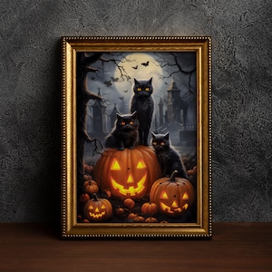 黒猫とカボチャのハロウィンポスター、不気味でかわいい壁アート、ジャック・オー・ランタンの墓地プリント | デジタルダウンロード