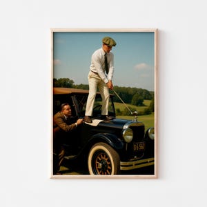 1920s Golfer Print: Vintage Car, Retro Sports Wall Art (Digital Download)