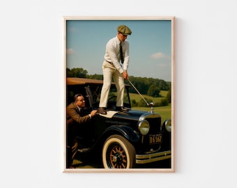 1920s Golfer Print: Vintage Car, Retro Sports Wall Art (Digital Download)