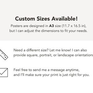 May include: Text on a cream background reads "Custom Sizes Available!" with details about A3 size (11.7 x 16.5 in) posters and custom dimensions. Includes a ruler and envelope icon, and text about custom sizes and orientations.