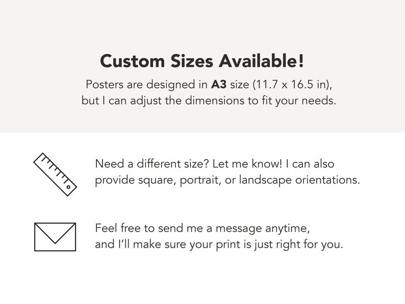 May include: Text on a cream background reads "Custom Sizes Available!" with details about A3 size (11.7 x 16.5 in) posters and custom dimensions. Includes a ruler and envelope icon, and text about custom sizes and orientations.