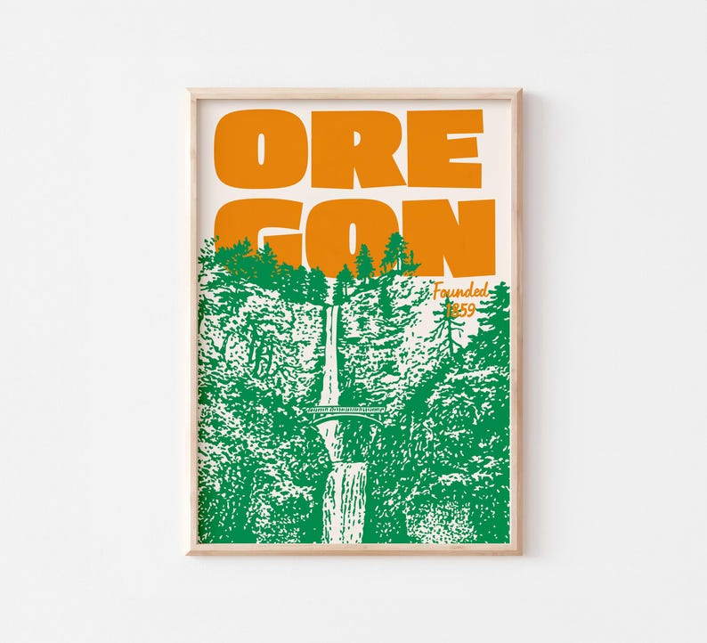 Vintage Oregon waterfall poster with bold orange typography and green forest illustration, retro travel wall art print in A3 size.