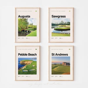 May include: Four framed prints showcasing golf course landscapes. The prints are labelled "Augusta", "Sawgrass", "Pebble Beach", and "St Andrews" in black text. Each print has a beige background and a photograph of the respective golf course.