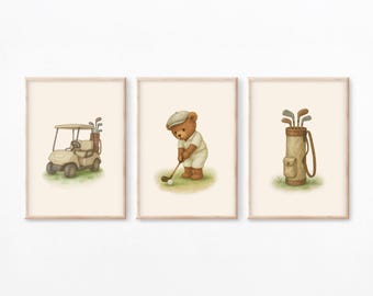 Golf Kinderzimmer Wand Kunst 3er Set | Vintage Bärn-Golf-Druck | Digitaler Download