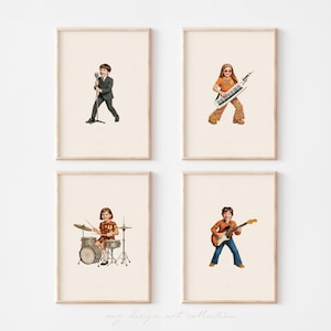 Póster de banda infantil retro de los años 70, arte mural musical para niños tocando instrumentos, descarga digital/decoración musical para habitación.