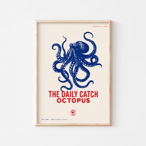 Póster de pulpo y mariscos / Arte mural de cocina costera / Impresión linográfica hecha a mano