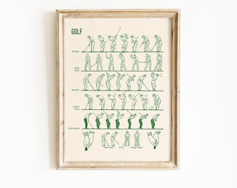 Vintage Golf Swing Technique Poster – Retro Line Art Instructional Print (Digital Download)