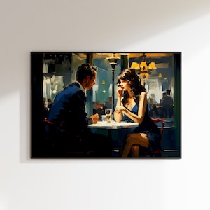 Puede incluir: Una pintura de una pareja sentada a una mesa en un restaurante con poca luz. El hombre lleva un traje oscuro y la mujer lleva un vestido azul. Ambos se miran.