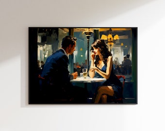 Romantic Cafe Scene Poster — Moody Couple Illustration Wall Art
