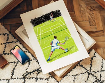 Illustratieposter tenniswedstrijd – cadeau en decor tennisliefhebber – digitale download