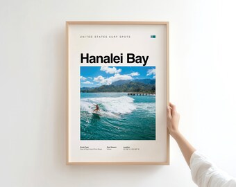 Hanalei Bay Surf Poster — Hawaii Vintage Coastal Print