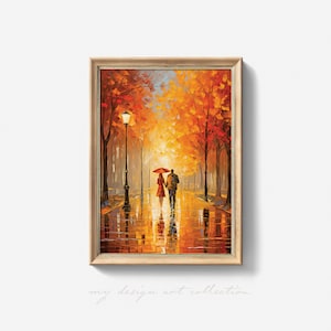 Lámina artística realizada con espátula: Pareja bajo la lluvia otoñal (Descarga digital)