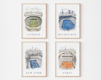 Tennis Stadium Poster Set of 4 — Watercolor London Melbourne New York Paris