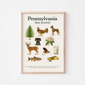 Póster de símbolos del estado de Pensilvania / Arte mural educativo / Íconos estatales imprimibles / Decoración para el aula / Regalo para amantes de la historia