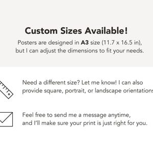 May include: Text graphic with the headline "Custom Sizes Available!" and information about poster sizes, including A3 (11.7 x 16.5 in). It also mentions the ability to customize dimensions and orientations. Includes a ruler and envelope icon.