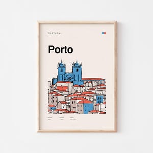Póster de la ciudad de Oporto, Portugal / Arte mural de viajes moderno / Descarga digital / Ilustración imprimible de un paisaje urbano europeo
