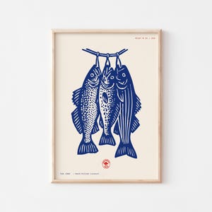 Póster vintage de mercado de pescado, grabado a mano, arte mural imprimible para cocina, decoración costera, regalo para amantes del marisco.