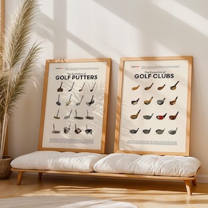 May include: Two framed prints on a wooden bench. The prints are titled "The Evolution of Golf Putters" and "The Evolution of Golf Clubs." Each print displays illustrations of golf clubs. The frames are light brown.