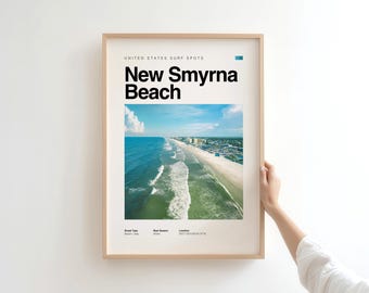 May include: Framed print featuring an aerial view of New Smyrna Beach, Florida, with the text "New Smyrna Beach" in bold black letters. The image shows the beach, ocean, and buildings under a blue sky. The frame is a light wood color.
