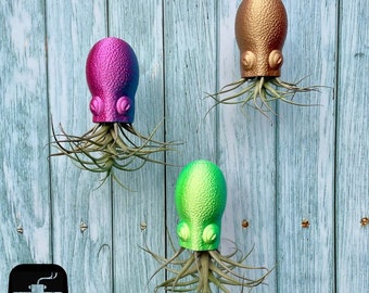 May include: Three colourful octopus-shaped planters with air plants. The planters are made of a textured material and are painted in shades of pink, green, and gold. The air plants are growing out of the top of the planters.