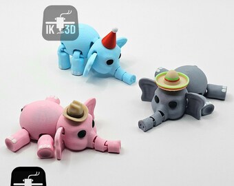 Archivos de impresión 3D Flexi STL, impresión en el lugar de un lindo animal flexible, elefante flexible con lindos sombreros, impresión 3D articulada