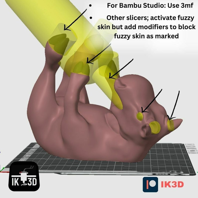 Puede incluir: Un modelo impreso en 3D de un rinoceronte acostado de espaldas. El modelo est&aacute; impreso en color marr&oacute;n claro. La imagen muestra el modelo con resaltados amarillos que indican las &aacute;reas donde el usuario debe agregar modificadores para bloquear la piel difusa al usar un rebanador 3D.