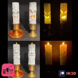 Puede incluir: Cuatro candelabros blancos con un dise&ntilde;o de cara espeluznante. Las velas est&aacute;n encendidas en las dos im&aacute;genes inferiores, proyectando un c&aacute;lido resplandor. Los candelabros est&aacute;n sobre una base dorada con una placa de cobre.