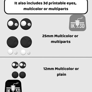 May include: Image features 3D printable eyes in black and white, with text indicating 25mm and 12mm sizes, available in multicolor or plain. The text also mentions 3D printing capabilities.
