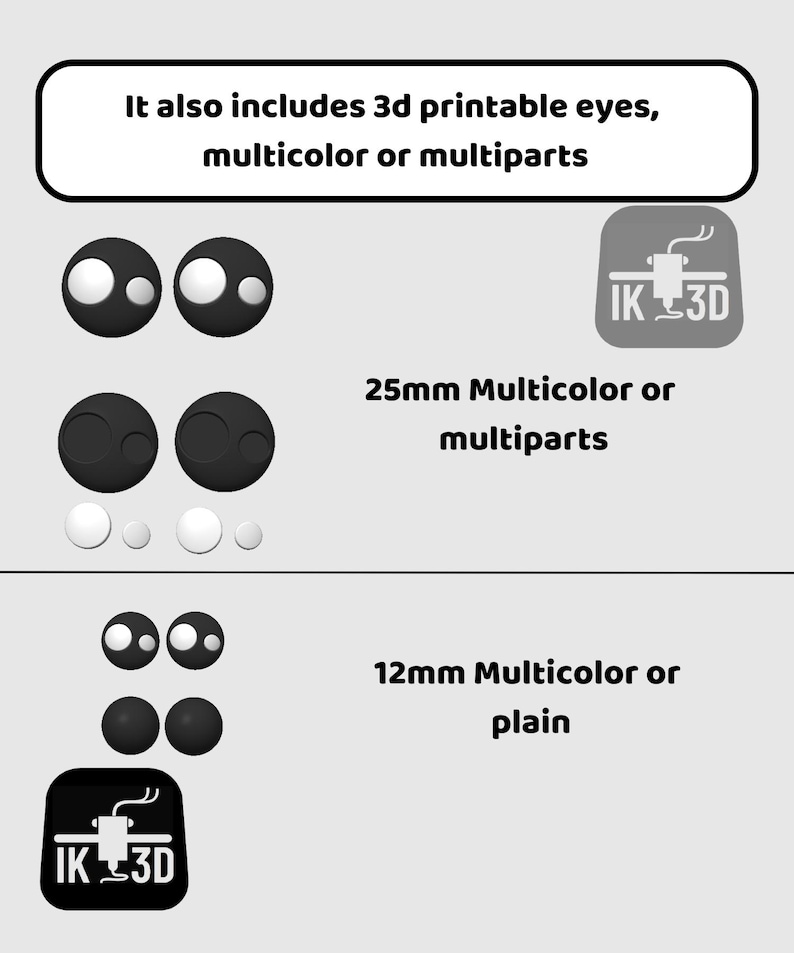 May include: Image features 3D printable eyes in black and white, with text indicating 25mm and 12mm sizes, available in multicolor or plain. The text also mentions 3D printing capabilities.