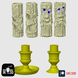 Puede incluir: Conjunto de cuatro velas de tem&aacute;tica de Halloween con caras espeluznantes y dos candelabros a juego. Las velas son blancas y los candelabros son amarillos.