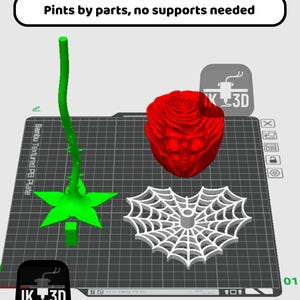 Puede incluir: Una composici&oacute;n impresa en 3D con un tallo de rosa verde y una base en forma de estrella, una rosa roja con forma de calavera y un dise&ntilde;o de telara&ntilde;a blanca. El texto "Pints by parts, no supports needed" se muestra.