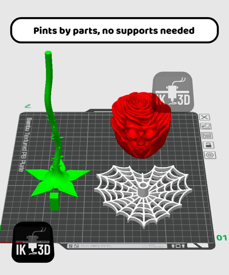 Puede incluir: Una composici&oacute;n impresa en 3D con un tallo de rosa verde y una base en forma de estrella, una rosa roja con forma de calavera y un dise&ntilde;o de telara&ntilde;a blanca. El texto "Pints by parts, no supports needed" se muestra.