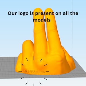 May include: A 3D printed model of a hand making the peace sign. The model is orange and has the text "WANKAHL3D" printed on the bottom. The model is sitting on a gray grid surface.
