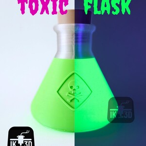 May include: A neon green flask with a skull and crossbones symbol, filled with a glowing liquid. The words "TOXIC FLASK" are written above the flask in pink and green. The flask has a wooden cork and a white and black background.