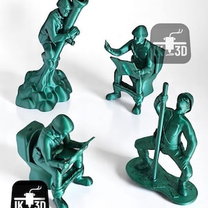 May include: Four green plastic toy soldier figurines in various poses. One soldier holds a large cannon, another sits on a toilet reading, a third is on a toilet reading, and the last one is holding a pole. The figurines are on a white background.