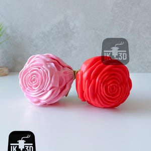 Puede incluir: Dos esculturas de rosas impresas en 3D, una rosa y otra roja, se exhiben sobre una superficie blanca. Las rosas tienen dise&ntilde;os detallados de p&eacute;talos y est&aacute;n conectadas por un tallo verde. El logotipo "IK 3D" es visible.