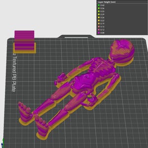 Puede incluir: Una figura de esqueleto impresa en 3D en una pose de pie. La figura est&aacute; impresa en color rosa brillante con un contorno dorado. La figura est&aacute; sobre una superficie negra texturizada.