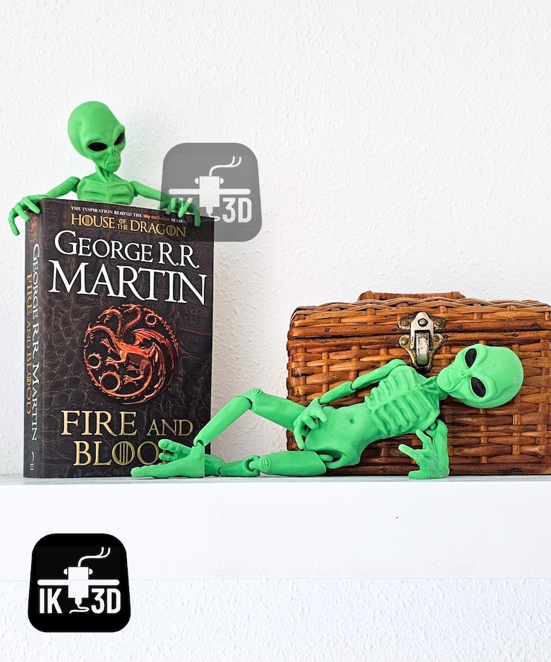Puede incluir: Dos figuritas de extraterrestres verdes, una sosteniendo un libro titulado "Fire and Blood" de George R.R. Martin, la otra tumbada en una cesta de mimbre.