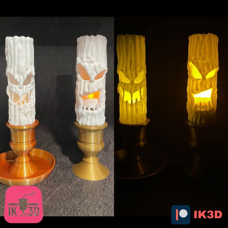 Puede incluir: Dos candelabros impresos en 3D de color blanco con un dise&ntilde;o de cara espeluznante. Los candelabros est&aacute;n encendidos y brillan en amarillo. Los candelabros est&aacute;n sobre una base dorada y una base marr&oacute;n.