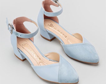 light blue suede block heels
