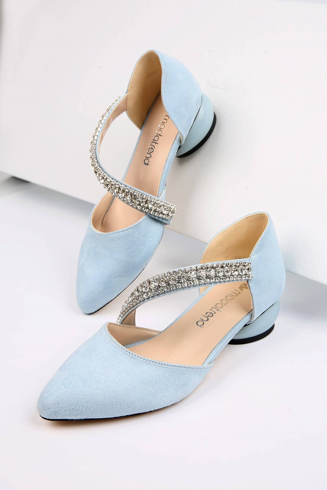 Blue Suede Stone Shoes Baby Blue Low Heels Pumps Low Heels image 1