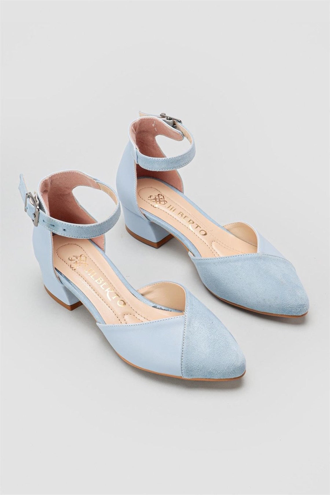 Light Blue Bridal Shoes Baby Blue Low Heels Pumps Blue Suede image 1