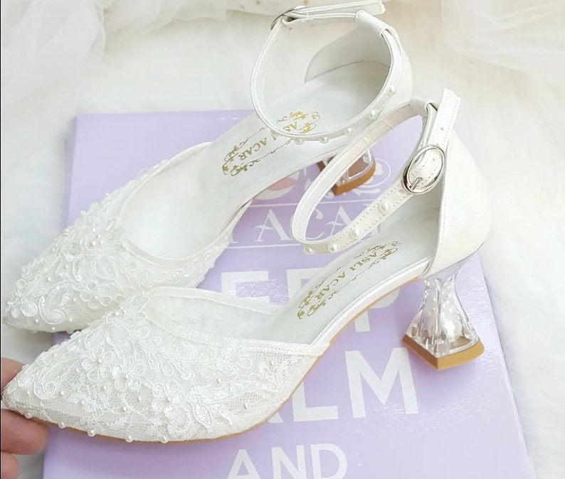 Short Heels Tulle Lace Embroidered Thick Heeled Comfortable - Etsy