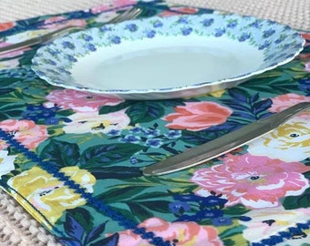 Fabric placemats set of2.Flowers placemats.Decorative placemats .Elegant blue flower border placemats.