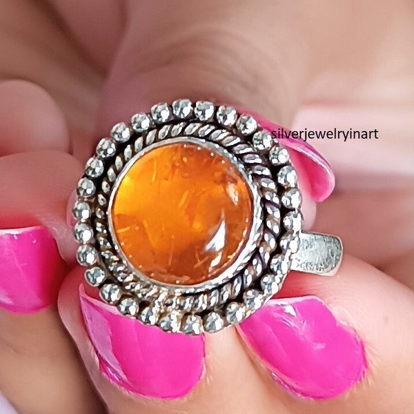 Bague cornaline, bague faite main en argent sterling 925, bague avec pierres précieuses orange, bague cadeau femme, bague avec pierres précieuses naturelles, bague ronde en argent