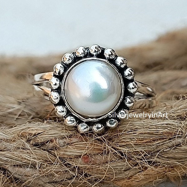 Pearl Ring, 925 Sterling Silver Handmade Ring, Round Shape Silver Ring, Pearl Jewelry, Gift For Her, Birthday Ring Gift, Silver Pearl Ring