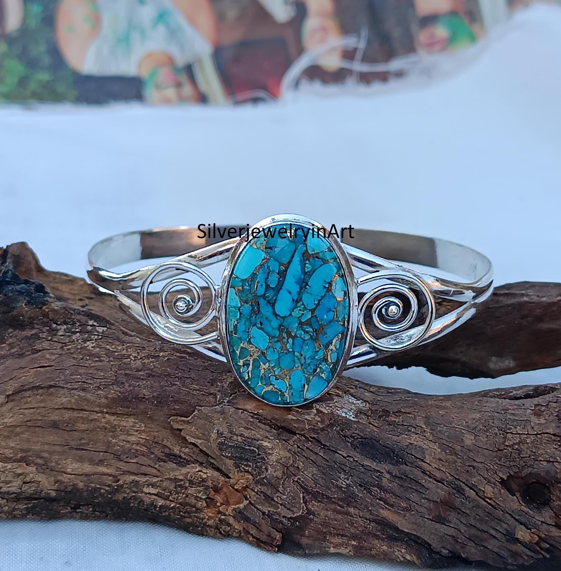 Blue Copper Turquoise Sterling Silver Bangle: Boho Cuff Jewelry